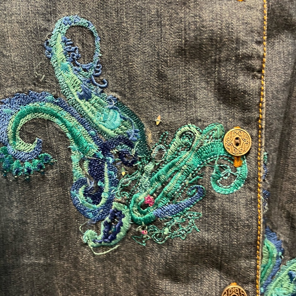 Chico's Dark Denim Jacket with Teal & Blue Embroidery - Picture 4 of 4